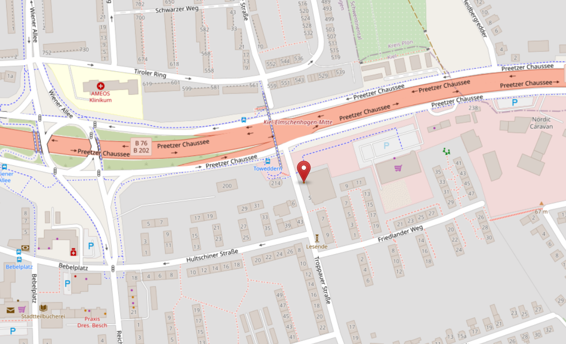 Kartenausschnitt von OpenStreetMap mit dem Standort von Fischer-energy in der Troppauer Stra&szlig;e in Kiel